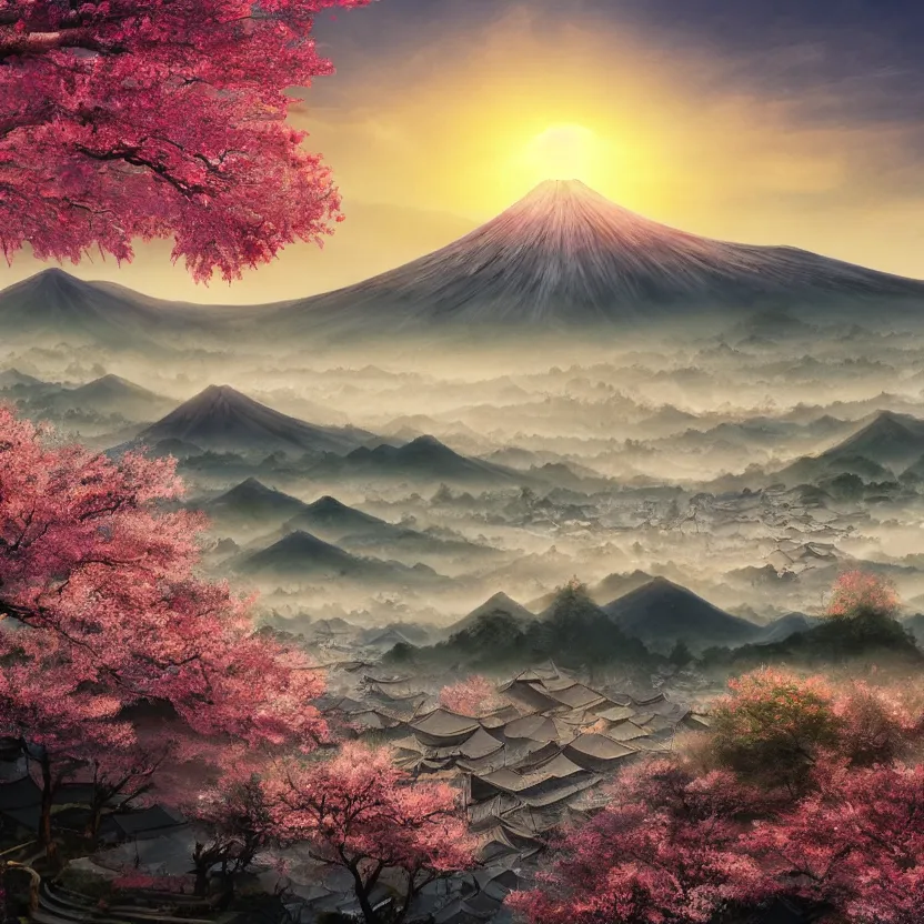 Prompt: old empty samurai city surrounded by sakura trees, beautiful valley and mountains with forest, sunrise on fuji, hyperrealism, matte painting, digital art, artistation