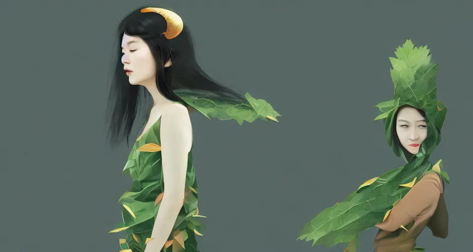 Image similar to asian female wearing leaf costume, contrast lightning, rough dark background, art by dannylailai on artstation, by hsiao ron cheng