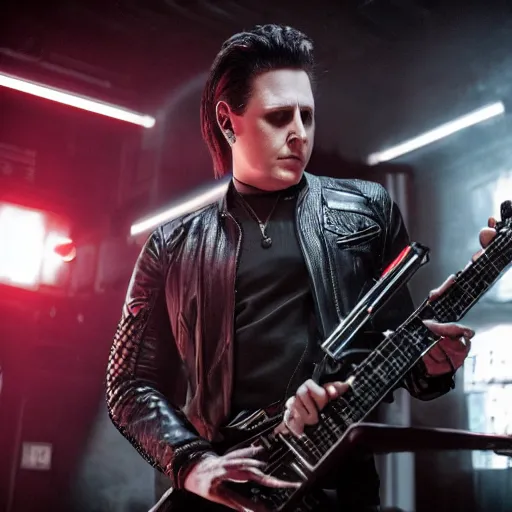 Image similar to movie still of synyster gates cyborg, cinematic composition, cinematic light, criterion collection, by edgar wright