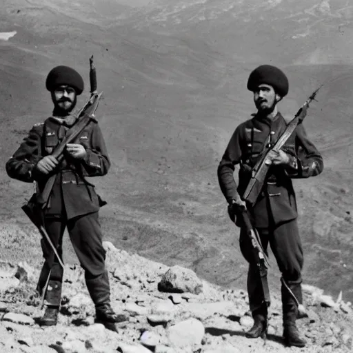 Prompt: 2 Armenian soldiers standing near a rock, holding their rifles