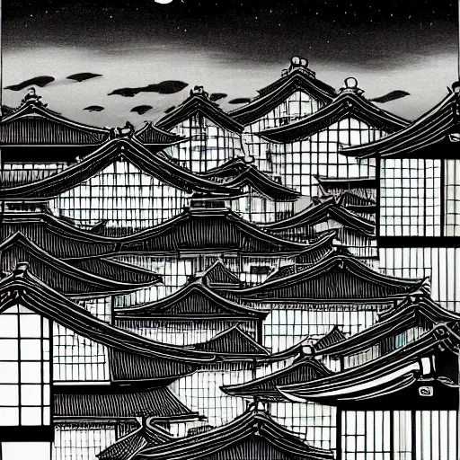 Image similar to a beautiful ink painting of buildings in japanese traditional style, in the style of hiroshi yoshida, at night, light effect, detailed, high - definition, exquisite isolated very detailed, moody lighting, 8 k highly detailed, trending on artstation