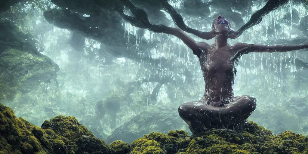 Image similar to Photorealistic symmetrical picture of a levitating goddess, a floating glossy wet fungus god with arms outstretched made from colorful wet fungus tendrils. a gentle rising mist, an epic rocky landscape. occult photorealism, UHD, amazing depth, glowing, golden ratio, 3D octane cycle unreal engine 5, volumetric lighting, cinematic lighting, cgstation artstation concept art