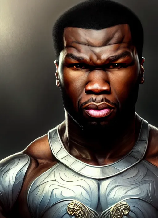 Prompt: Portrait of 50 cent, D&D, muscular, fantasy, intricate, elegant, highly detailed, digital painting, artstation, concept art, smooth, sharp focus, illustration, art by artgerm and greg rutkowski and alphonse mucha