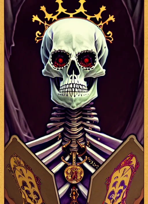 Image similar to undead skeleton king, wearing an academic gown, regal, tarot card, highly detailed, deep focus, elegant, digital painting, smooth, sharp focus, illustration, ultra realistic, 8 k, art by artgerm and alphonse mucha and greg rutkowski