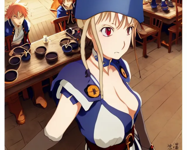 Image similar to anime visual, portrait of a young female in a busy fantasy medieval tavern, face by yoh yoshinari, murata range, last exile, blue submarine no 6, dynamic pose, dynamic perspective, detailed silhouette, cel shaded anime, tonemapping