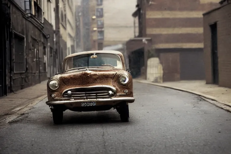 Prompt: street photography by saul leiter, in a fancy clean alley, award winning photo of an ultra detailed intricate dirty vintage ford car speeding very fast on mud, fast shutter speed, motion blur, tiny gaussian blur, highly detailed, highly intricate, depth of field, trending on top gear