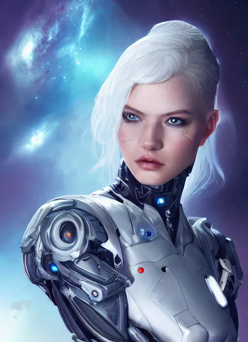 Image similar to photo of a cyborg girl on a space ship, warframe armor, beautiful face, scifi, nebula reflections, angel, white hair, stars, professionally color graded, sharp focus, 8 k high definition, insanely detailed, intricate, innocent, art by stanley lau and artgerm