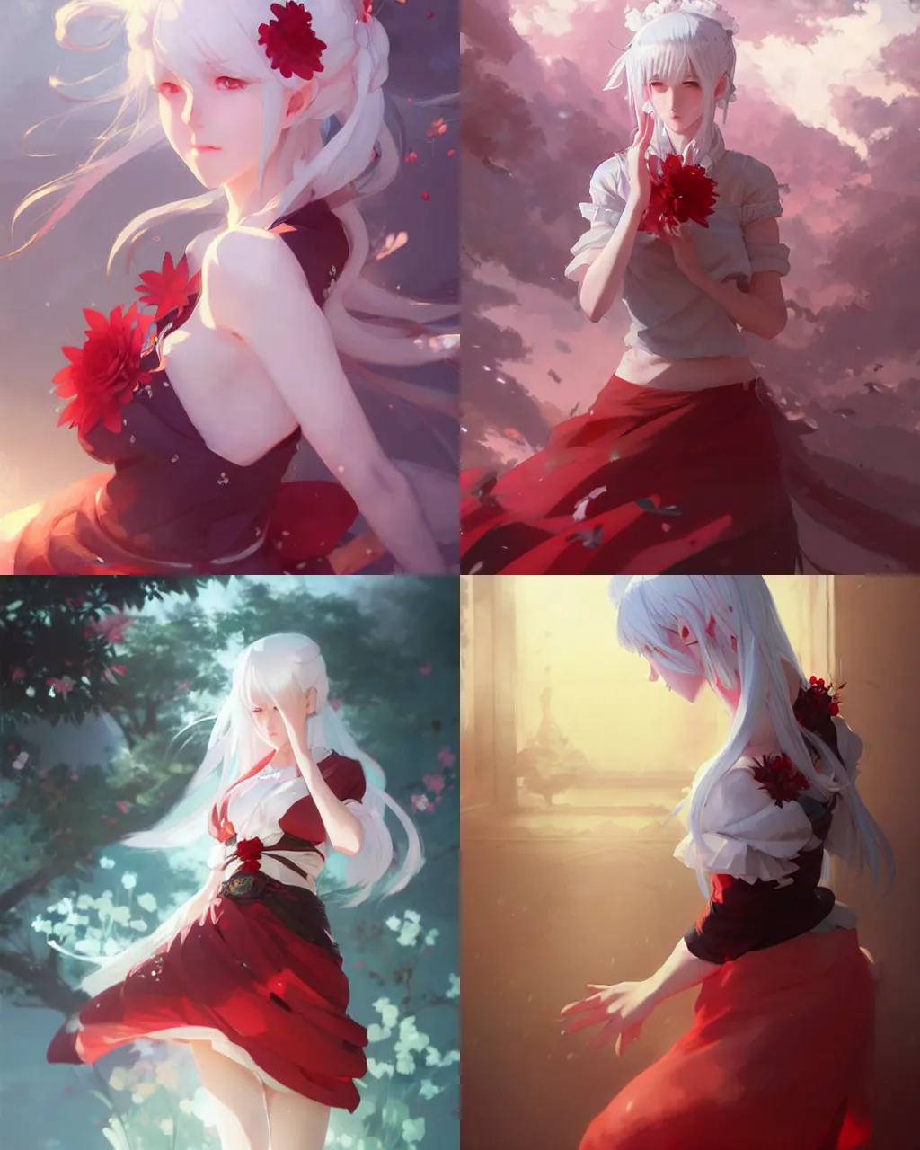 Prompt: a girl with white hair and red skirt, flower decoration on the background, a beautiful half body illustration, top lighting, perfect shadow, soft painting, art by hidari and krenz cushart and wenjun lin