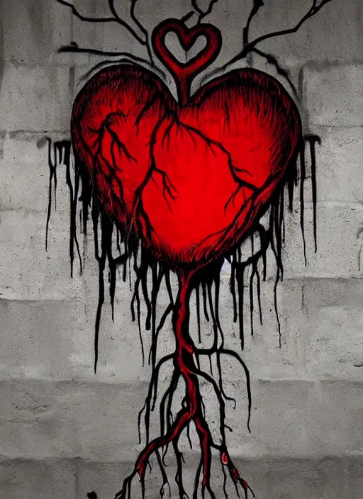 Image similar to graffiti of a dripping anatomical human heart with roots growing above it, sadness, dark ambiance, concept by godfrey blow, banksy, featured on deviantart, sots art, lyco art, artwork, photoillustration, poster art, black and red