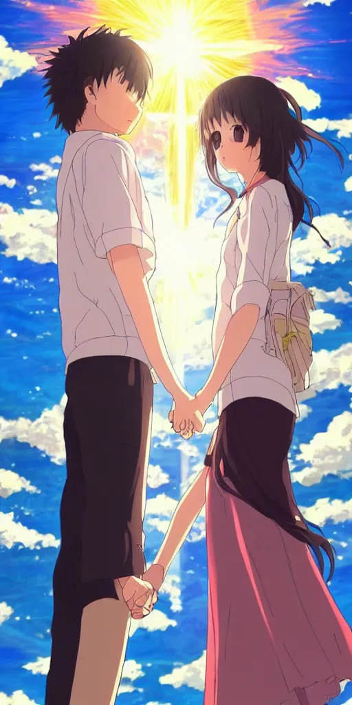 Image similar to a man and a woman holding hands under a beautiful sun drawn like the anime Your Name anime, intricate, psychedelic,