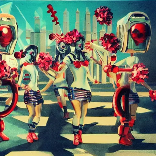 Prompt: robotic cheerleaders, pop surrealism, lowbrow, realistic, dystopian athmosphere