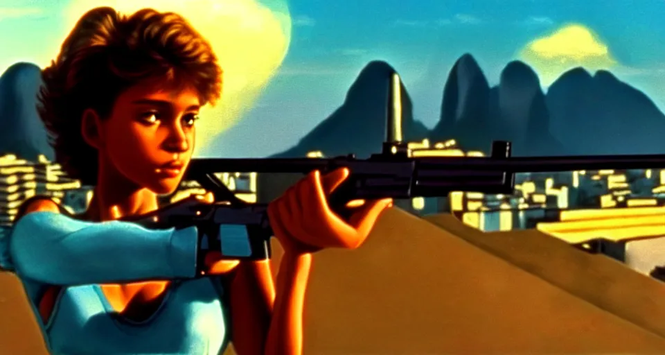 Image similar to 1 9 8 6 movie screencap of a girl with a gun on a rio de janeiro, gucci clothes, sparkes sky, beautiful favela background extremely utra high quality artwork 8 k