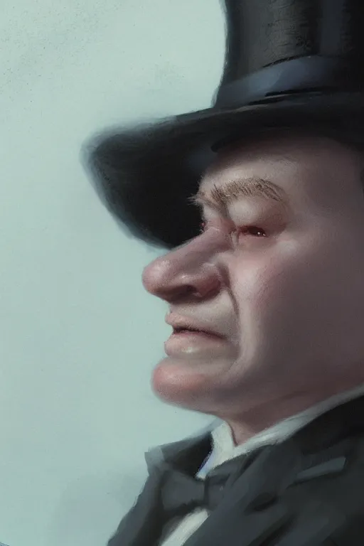 Prompt: A closeup of a short old halfling with a suit and top hat by Greg Rutkowski, 4k photorealistic, volumetric lighting, HD, high details, dramatic, trending on artstation