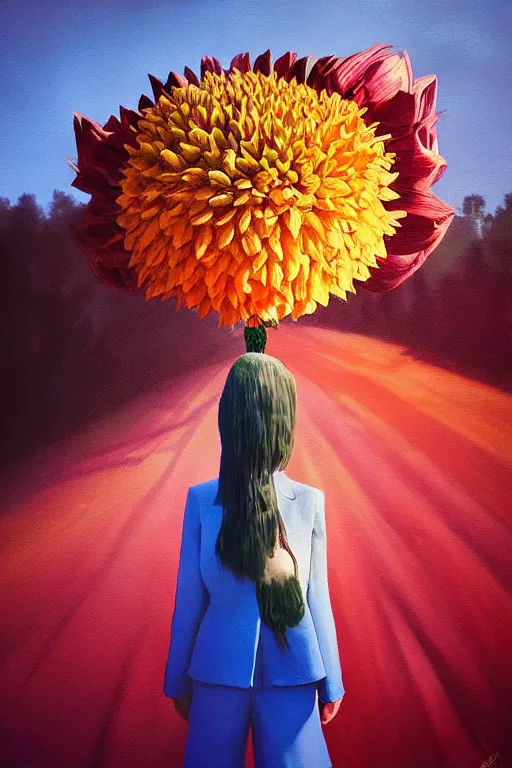 Image similar to closeup giant dahlia flower head, girl in a suit, street, surreal photography, blue sky, sunrise, dramatic light, impressionist painting, digital painting, artstation, simon stalenhag