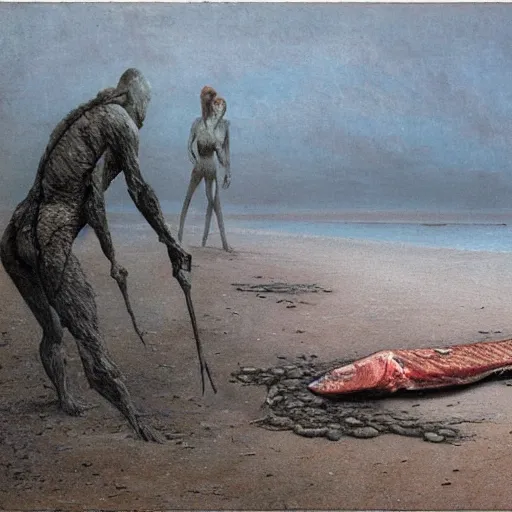 Image similar to decaying salmon on the beach after spawning, eaten by insects, by beksinski, dark vibes, 4 k, ultra realistic, highly detailed.