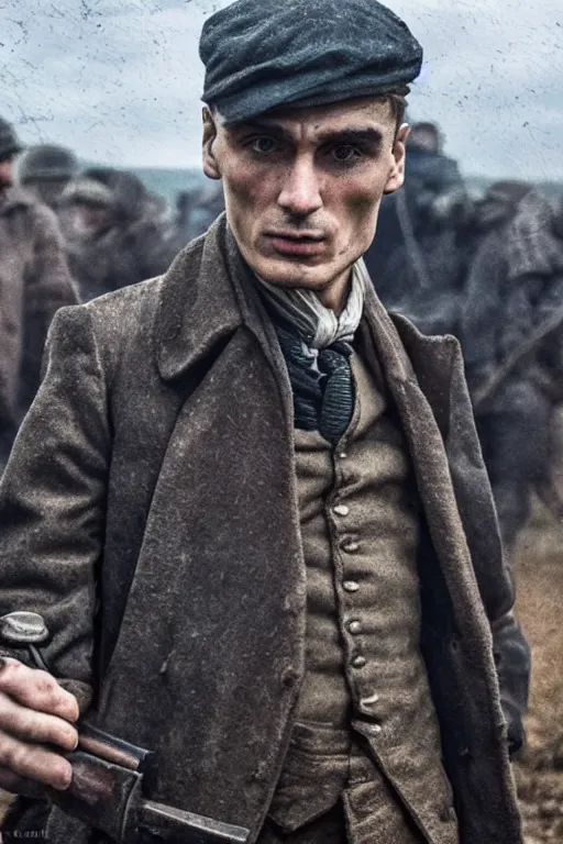 Image similar to a portait photo of Thomas Shelby in a battlefield, epic image, path tracing, complementary colours, high quality, 4k HDR, dramatic lighting, cinematic, highly detailed, high coherence, dedined face, anatomically correct, five fingers, war, cold environment