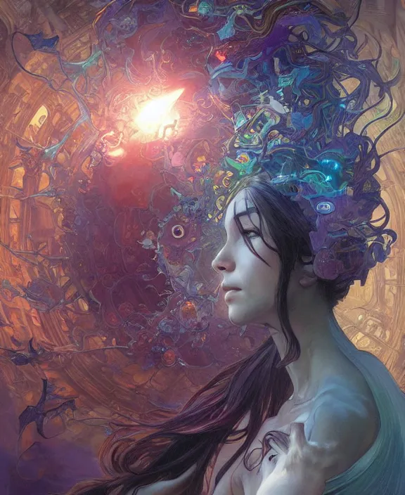 Image similar to a whirlwind of souls rushing inside the metaverse, half body, glowin eyes, d & d, fantasy, intricate, elegant, highly detailed, colorful, vivid color, digital painting, artstation, concept art, art by artgerm and greg rutkowski and alphonse mucha and ruan jia