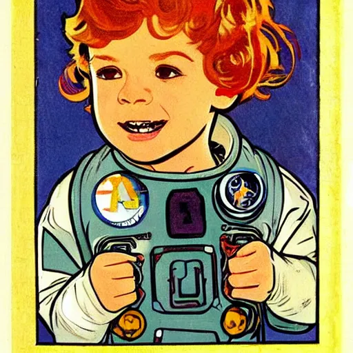 Image similar to a cute little boy with a mischievous face and short ginger hair. he is dressed as an astronaut. well composed, clean elegant painting, beautiful detailed face. comic book art by steve ditko and jack kirby and ( alphonse mucha )