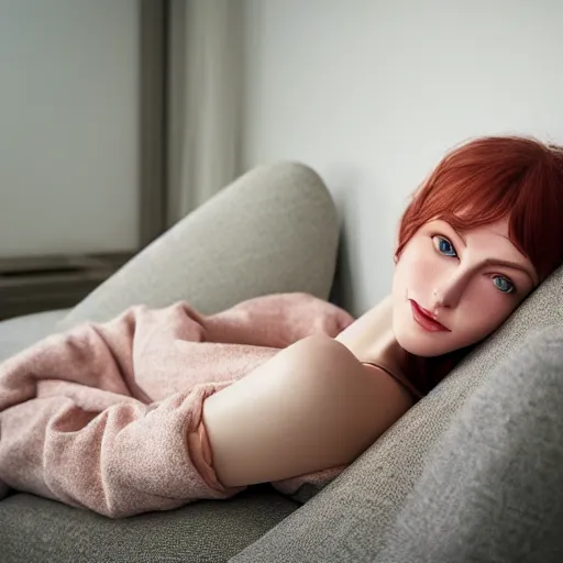 Prompt: portrait of a cute thin young woman, red blush, cute freckles wearing casual clothes, small smile, relaxing on a couch, cozy living room, close up shot, 8 k, art by ron mueck and irakli nadar, hyperrealism, hyperdetailed, ultra realistic