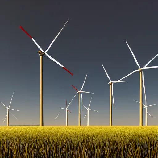 Prompt: A row of giant windmills in a field at midnight, octane render, volumetric lighting, 4K, cinematic