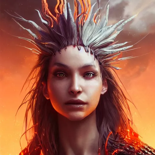 Image similar to sorceress with spider legs and spiky hair, volcano, ultra realistic, concept art, intricate details, eerie, highly detailed, photorealistic, octane render, 8k, unreal engine. art by Artgerm and Greg Rutkowski