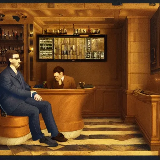 Image similar to An intricate portrait of an engineer and a doctor sitting in an aesthetic bar, 8k,