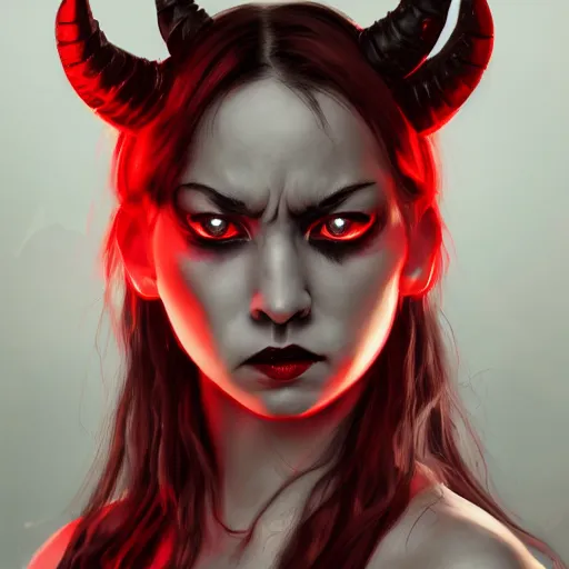 Prompt: artstation young woman with red eyes and horns on her head in fury, very detailed, , portrait, high contrast