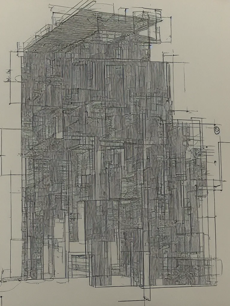 Image similar to Architecture blueprint copy, Carcosa. Vertical cut. Technical drawing