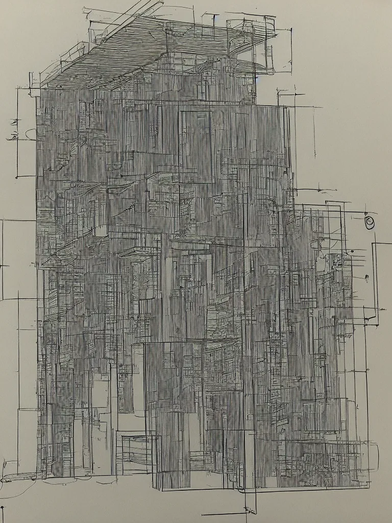 Prompt: Architecture blueprint copy, Carcosa. Vertical cut. Technical drawing