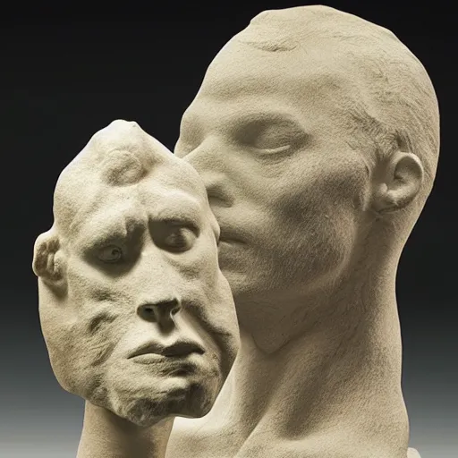 Image similar to a physical sculpture of a struggling human face, one with a horse's face and the other with a human face, by augustus rodin