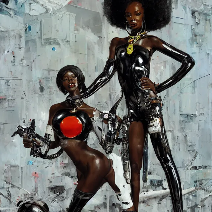 Image similar to slim and cute african domme mistress, full body, black supremacy, rubber and latex, postapocalyptic, smooth white surroundings, future, high tech, concept art, realistic painting, digital art by john berkey, by takashi murakami