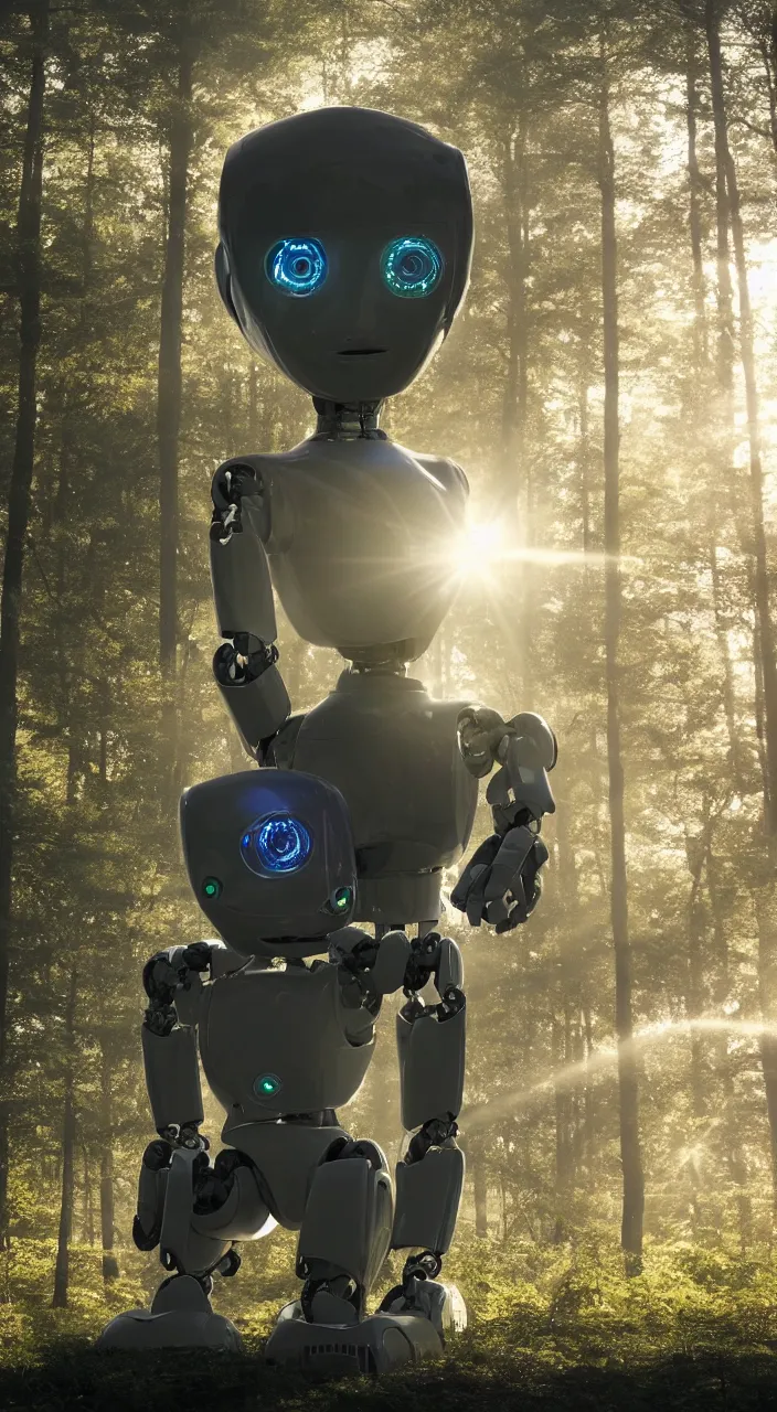 Prompt: a robot portrait in a movie, forest, cinematic shot, sun beams