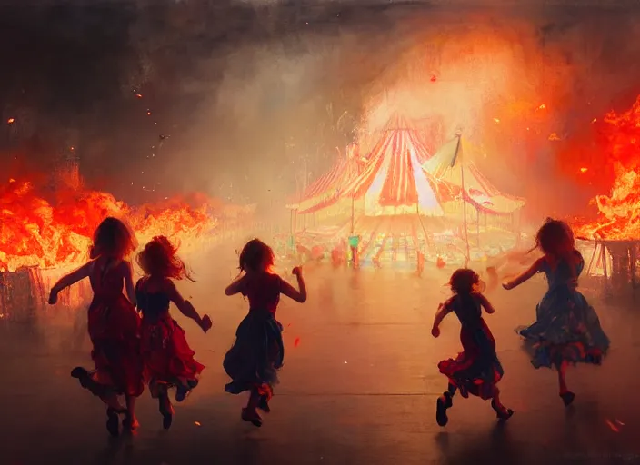 Image similar to young girls running through small carnival amusement on fire, inferno flames, motion blur, food stalls, big top circus tent, roaming entertainers, bloom, heavy fog, highly detailed, magical, japan mountains, digital painting, concept art, matte, art by ruan jia and wlop and greg rutkowski and makoto shinkai, masterpiece