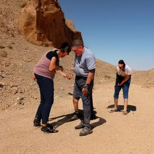 Prompt: Humans finding a skeleton of an unknown species at the desert