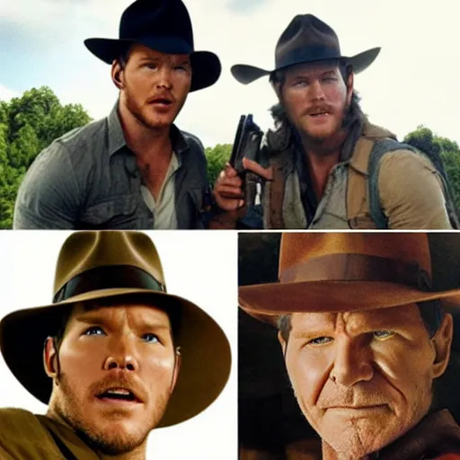 Image similar to chris pratt as indiana jones, selfie with older harrison ford, instagram, high detailed, symmetrical