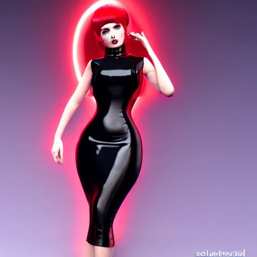 Prompt: a feminine curvy pale hot goth cutie wearing an tight red-black latex high-neck dress, cgsociety, photorealistic, sublime-cool-hyperadvanced-dark-amorous ambience, 16k, smooth, sharp focus, trending on ArtStation, volumetric lighting, fully clothed, thin waist