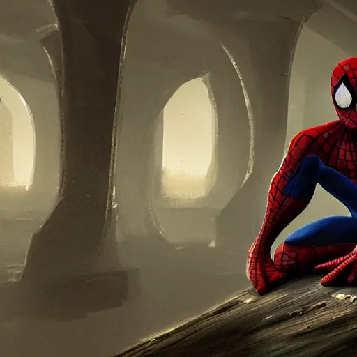 Image similar to moody atmospheric render of an spiderman wearing shorts and sandals by leon tukker