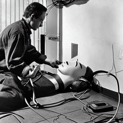 Image similar to A dramatic photo of a an electrician receiving CPR after being electrocuted (1967). Black and White