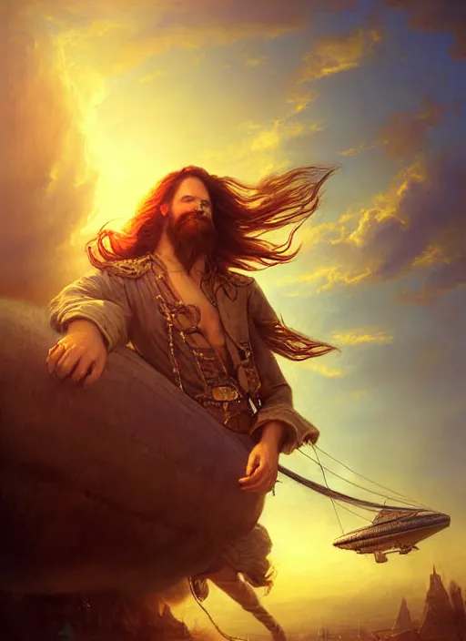 Prompt: portrait painting of a handsome face rugged long hair crimson hair male pirate, top half portrait soft hair steampunk ornate zeppelin blimp airship in the background sky sunset golden hour fantasy soft hair deviantart book cover art dramatic volumetric lighting art by wlop greg rutkowski gaston bussiere