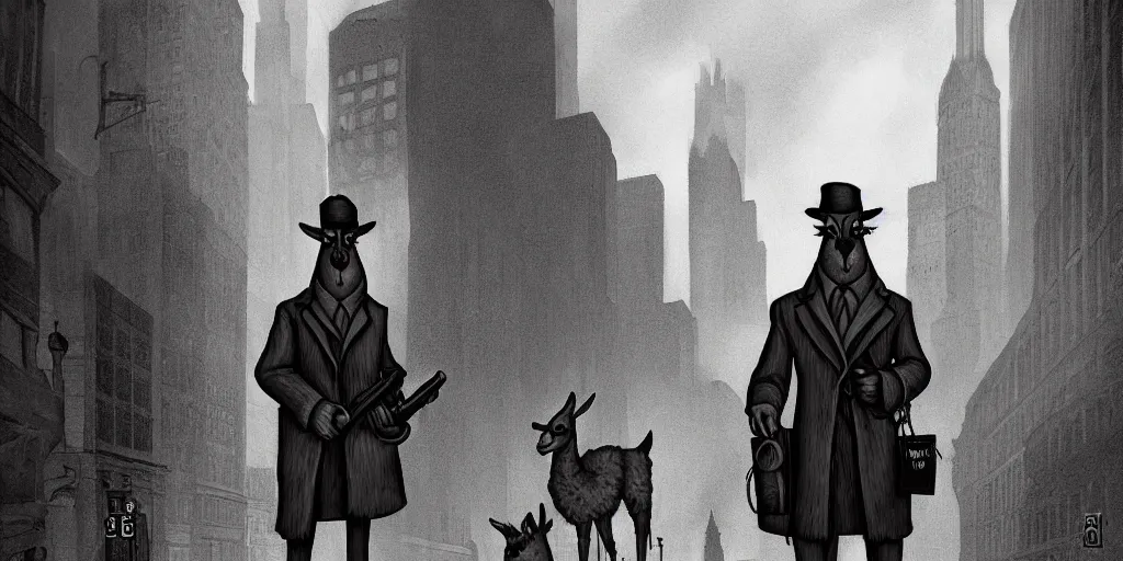 Image similar to a personified anthro llama ( with llama face ) wearing a 1 9 4 0's noire detective outfit, standing in the streets of chicago at night looking at a crime scene, d & d, fantasy, intricate, artstation, sharp focus, illustration, gustave dore, caravaggio,