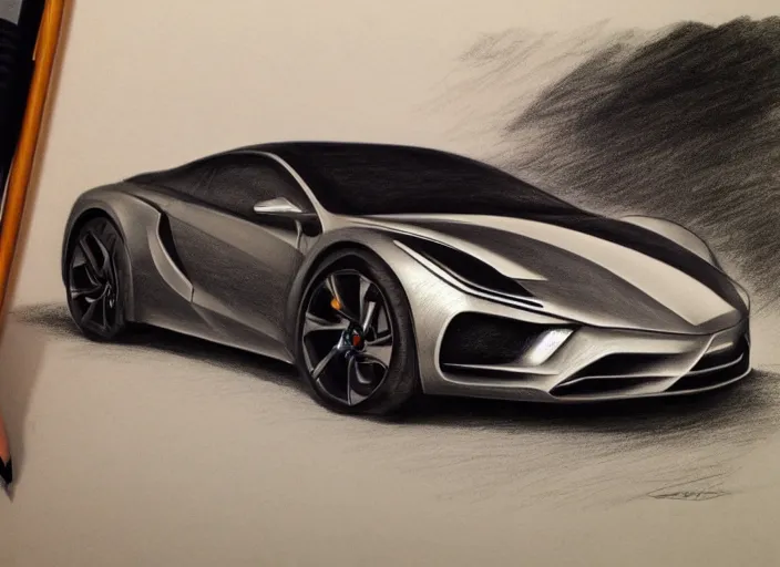 Prompt: concept non - coloring pencil drawing of a new car combined by two different genres.