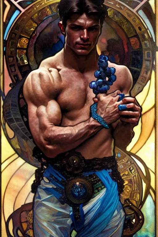 Image similar to a muscular man holding blue diamonds, fantasy, painting by greg rutkowski and alphonse mucha