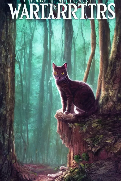 Image similar to warriors book cover, cat in a forest, by wayne mcloughlin, trending on artstation, backlighting