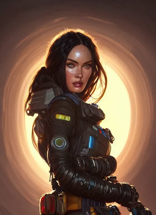 Image similar to portrait of apex legends megan fox, intricate, elegant, glowing lights, highly detailed, digital painting, artstation, glamor pose, concept art, smooth, sharp focus, illustration, art by artgerm and greg rutkowski, artey freytag