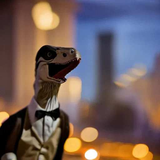 Image similar to photograph of a velociraptor wearing a fancy tuxedo, studio lighting, grand hotel background, f/1.8 aperture, cinematic lens