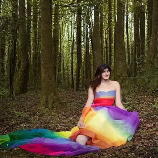 Image similar to picture of gemma arterton wearing a long rainbow wedding gown, sitting in a colorful forest