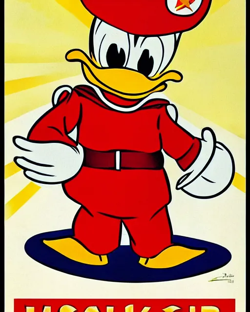 Prompt: Donald Duck in a Soviet style propaganda poster