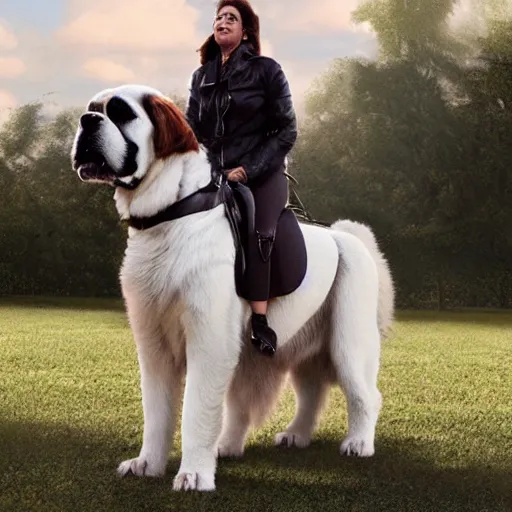 Image similar to girl riding giant saint Bernard in the park, trending on artstation