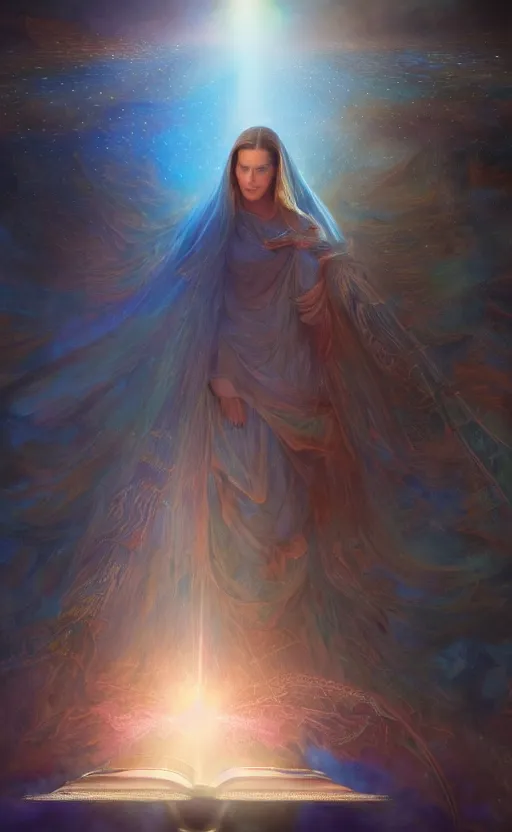 Image similar to crossing over the spiritual veil to heaven, sharp focus, intricate, elegant, digital painting, artstation, matte, highly detailed, concept art, illustration, volumetric lighting, gold and blue and pink color scheme, bokeh light, art by greg olsen, arnold friberg, and liz lemon swindle