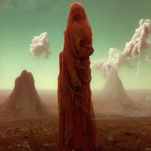 Image similar to woman, covered in transparent cloth, plastic, mountains, thunder clouds, Masterpiece, glowing, wires everywhere, by Edgar Maxence and Ross Tran, Zdzisław Beksiński, and Michael Whelan, distant, gustav dore, H.R. Giger, 8k, octane render